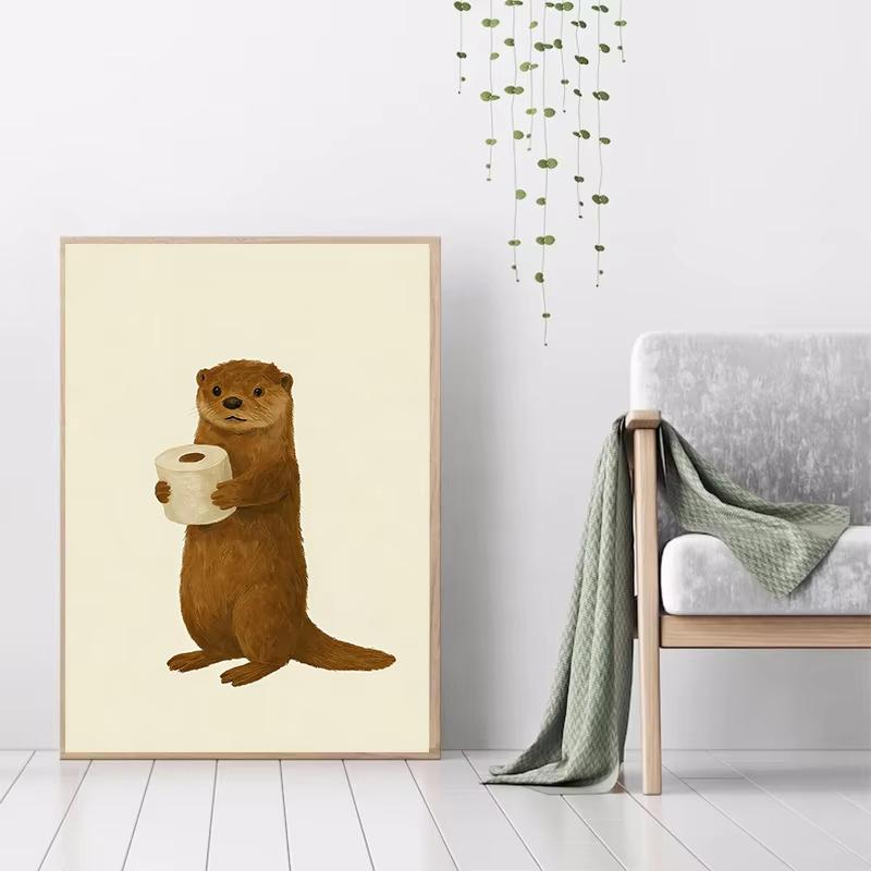 Funny Otter Toilet Paper Duck Reading On Toilet Poster Raccoon Animal Wall Art Bathroom Canvas Painting Print Nursery Home Decor