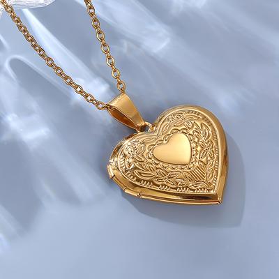 1pc Rose Flower Heart Photo Frame Pendant Necklace, Stainless Steel Necklace For Relatives, Father's Day Gift