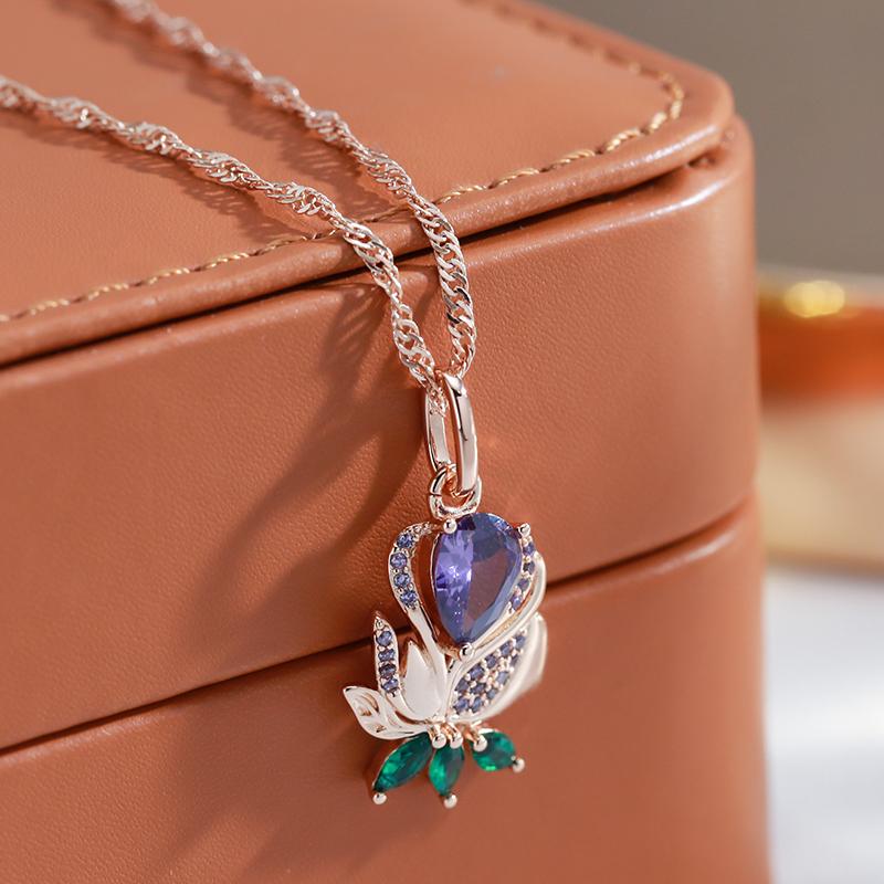 Kienl Vintage Purple Natural Zircon Flower Pendant Necklace High Quality Fine Daily Jewelry Women  Rose Gold Color Necklace