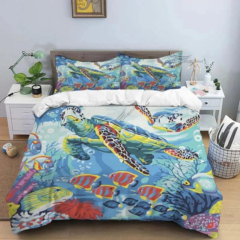 Ocean World Marine Life Art Pattern Comforter Bedding Set,Duvet Cover Bed Set Quilt Cover Pillowcase,King Queen Size Bedding Set