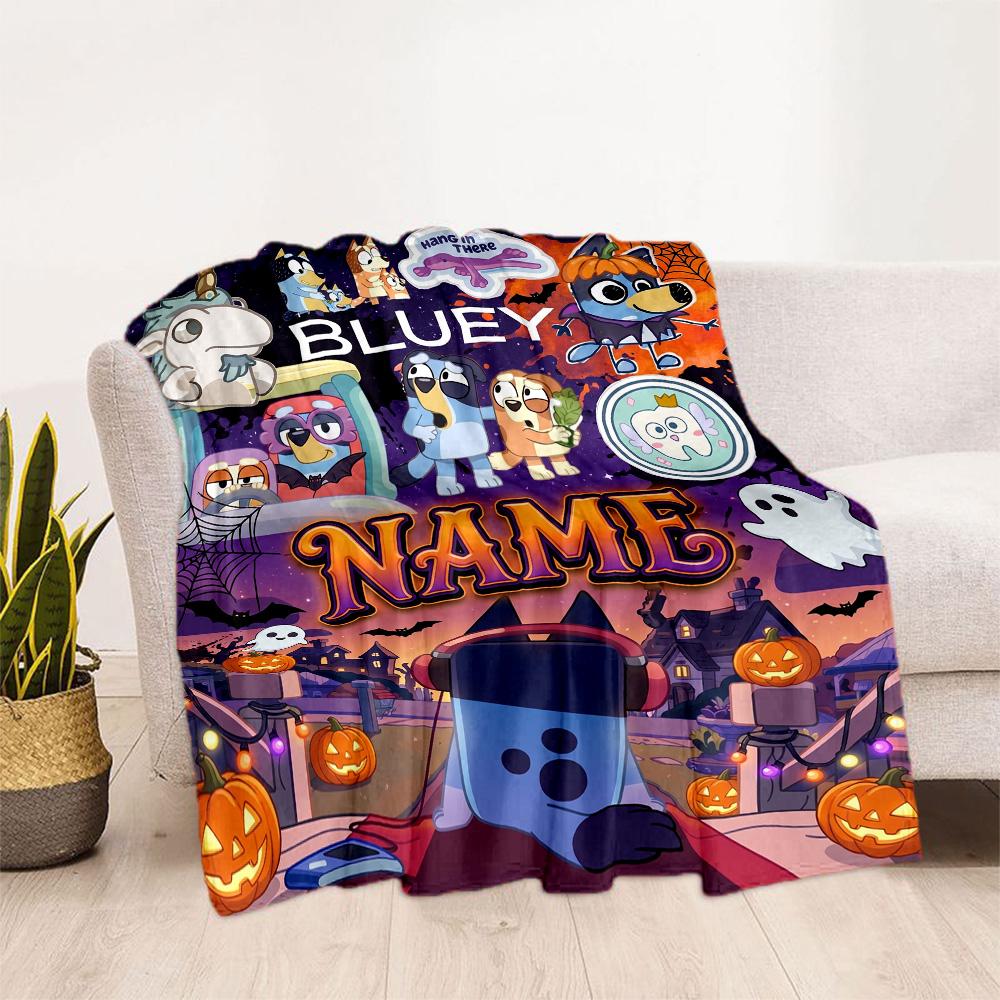 Bluey Halloween Night Personalized Name Blanket Lightweight Customizable Blanket Soft Warm Cozy Suitable for Livingroom Couch Chair Sofa