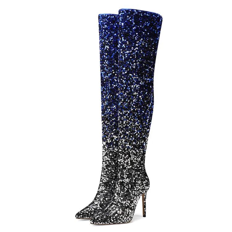Europäische und amerikanische sexy Paillettenstoffe mit Farbverlauf, High Heels, Seitliche Reißverschlüsse, Knielange Mode-Stiefel, Damenstiefel mit dicker Sohle
