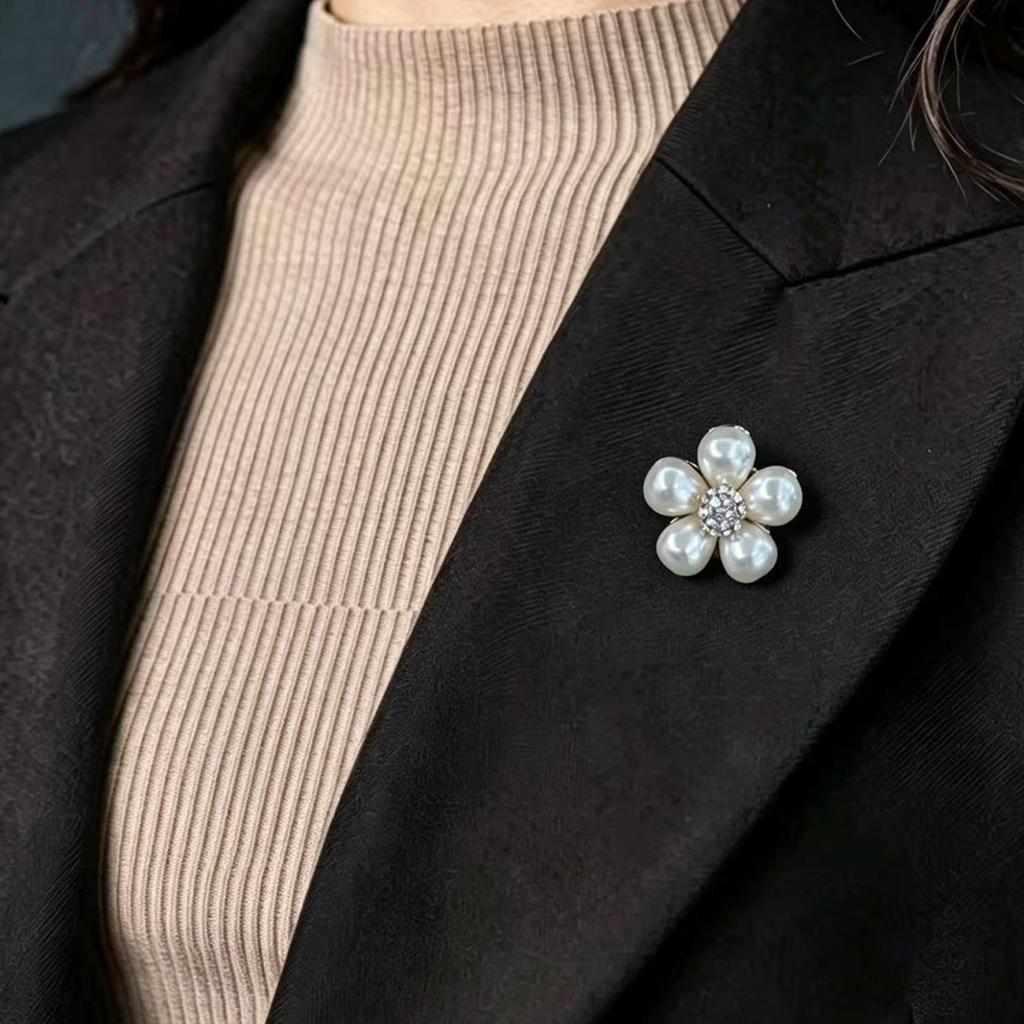 Korean Mini Pearl Flower Brooch with Rhinestone Gold Trim