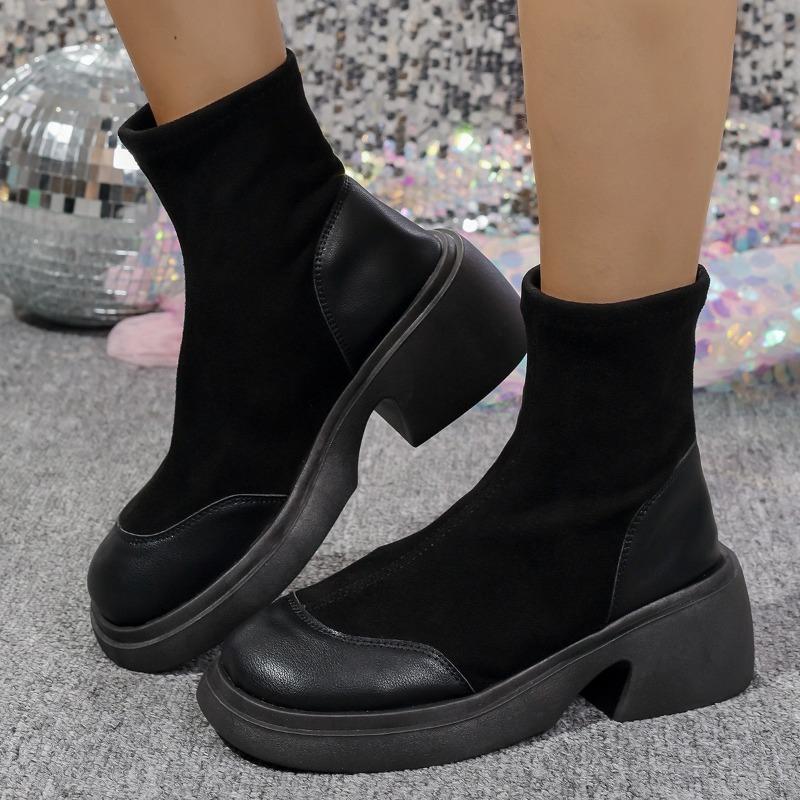 Women's Skinny Stretch Boots Fashion Round Toe Spliced Platform Non-Slip Wear-Resistant Block Heel Mid-Tube Boots