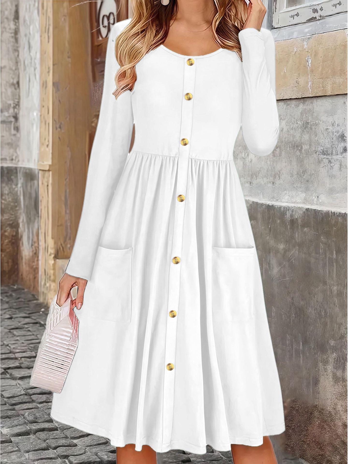 2025 Autumn Cross-Border Women s A-Line Dress - Waist-Cinching, Round Neck, Button Pocket, Knit Long Sleeve L белый