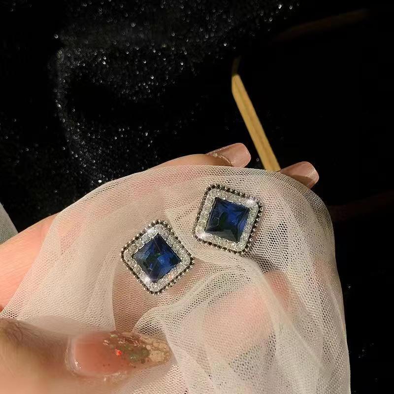 Korean Fashion Blue Crystal Square Stud Earrings for Women - S925 Sterling Silver
