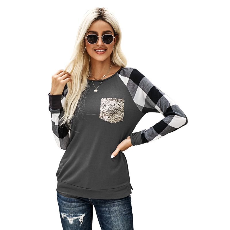

Big Sale Special Offer Plaid Stitching Long Sleeve T-shirt Women 2024 Fall Winter Fashion Stylish Crew Neck Pullover Sweatshirt Women LC253927-1011 2XL code fits (75.00 kg-82.50 kg