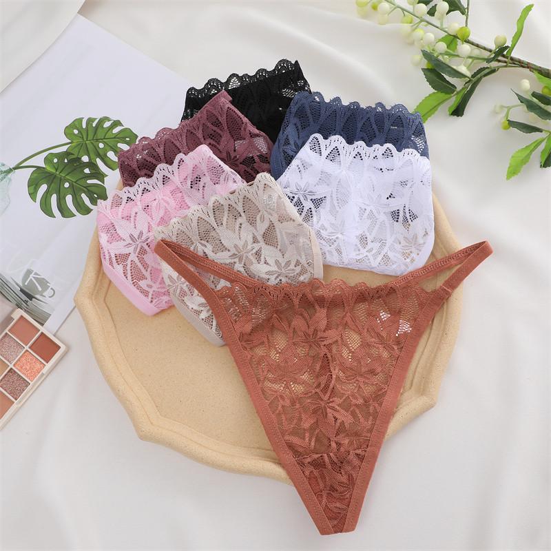 FINETOO Lace Thong For Women Sexy T-back Panty Solid Color Lingerie Floral Underwear