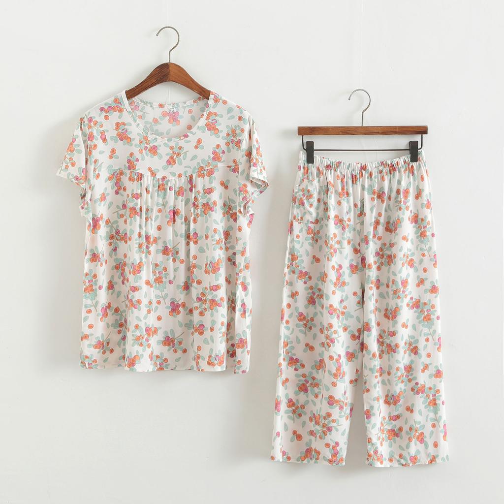 Baumwollseidenset Kurzarm-Caprihose für Damen mittleren Alters und ältere Frauen im Sommer, dünnes Oberteil, cooles Zuhause