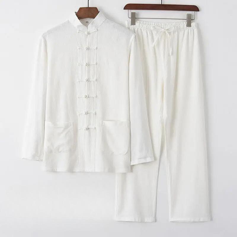 Herren Baumwolle Leinen Tang Anzug Langarm Set Retro Knopfleiste Herrenbekleidung Mittleren Alters und Ältere Locker Tai Chi Anzug