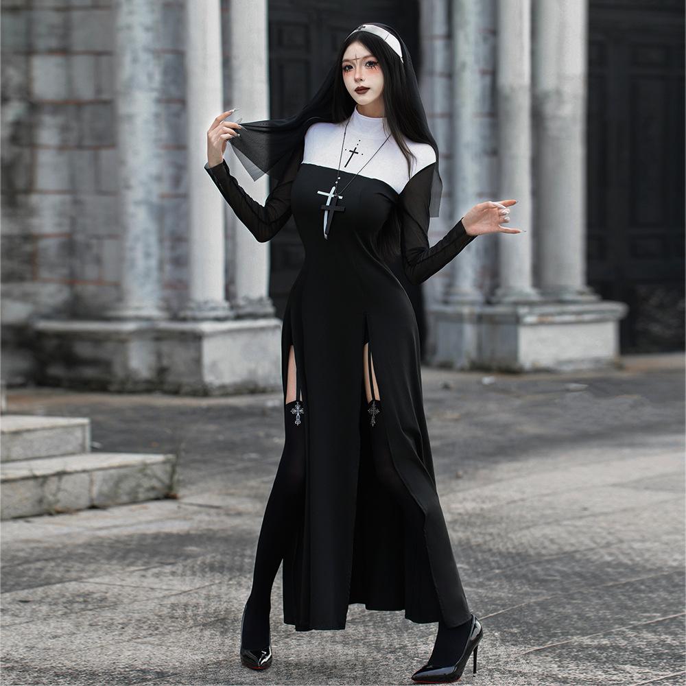 Halloween nun cos costume sexy dress virgin mary priest role dress up prom costume