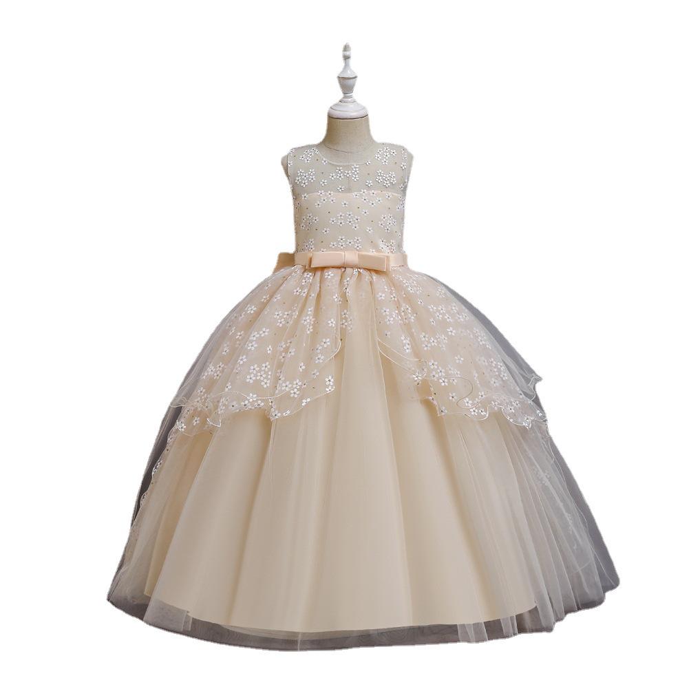 European & American Girls' Lace Flower Princess Dress with Bow & Small Train