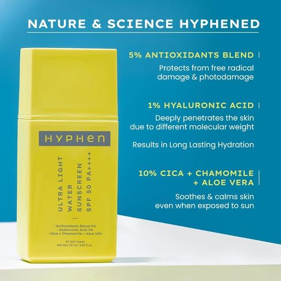 Hyphen 1% Hyaluronic Ultra Light Water Sunscreen SPF 50 PA ++++ | Broad Spectrum  | No White Cast | 5% Antioxidants Niacinamide Vitamin E | 50ml