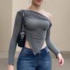 Women Knitting Tops Sexy Sloped Shoulder Collar Irregular Hem Pullover Tops Solid Color Ribbed Blouse