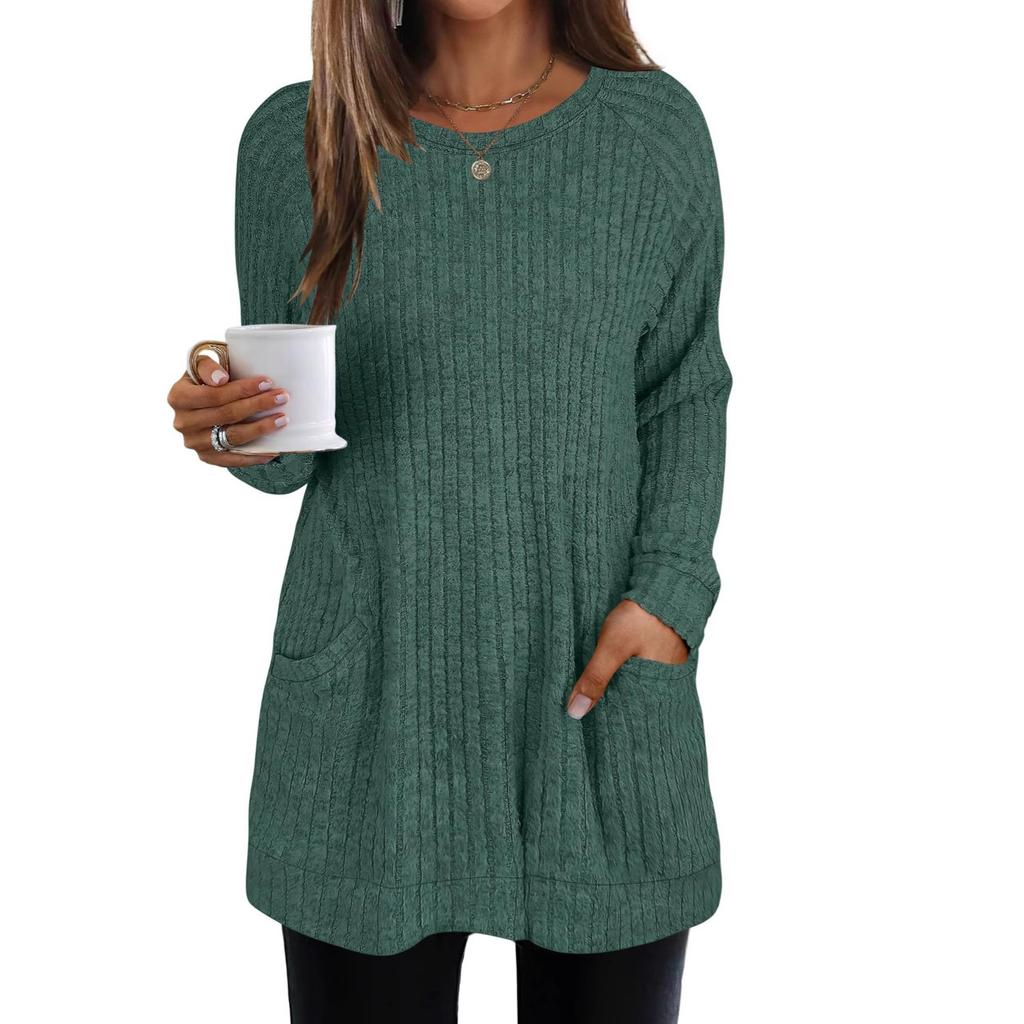 Women's Crew Neck Long Sleeve Knit Tunic Loose Fit Elegant Casual Solid Color Pocket Long Top Fall Pullover Shirt