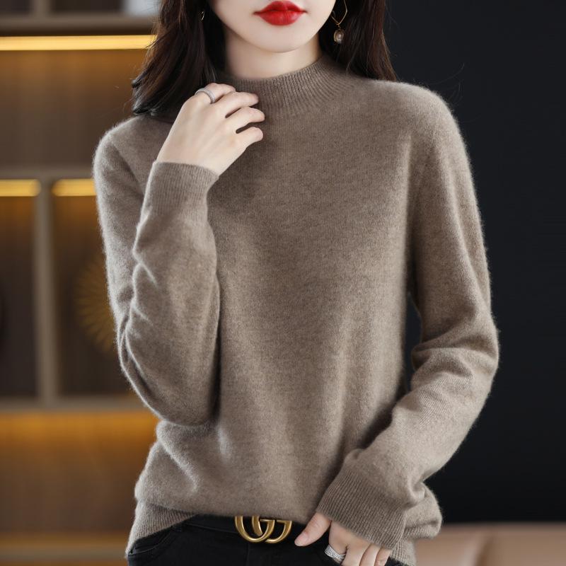 Women's Seamless Pure Wool Half-High Neck Loose Knit Sweater - Autumn Winter Cashmere Base Layer