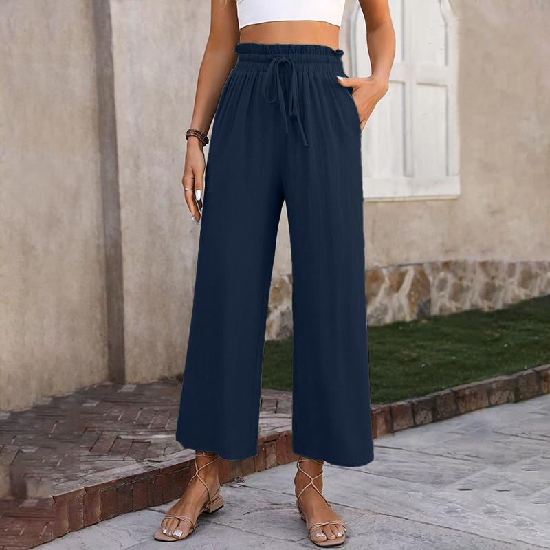 New Women's Solid Color Cotton Linen Wide Leg Pants, High Waist Elastic Drawstring Casual Trousers for Spring Summer
