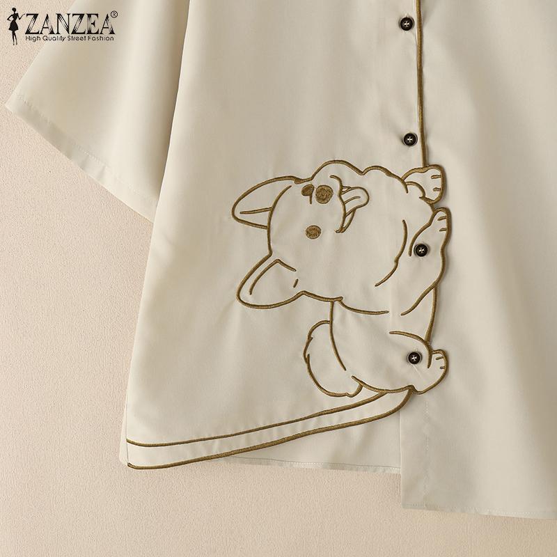 ZANZEA Women Casual Turn Down Collar Loose Short Sleeve Irregular Blouse