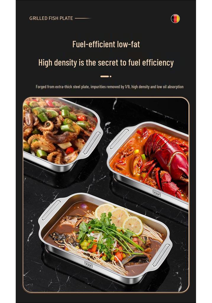 Vertiefte rechteckige Backform aus lebensmittelechtem Edelstahl für gegrillten Fisch, universell für Induktionskochfelder, nicht magnetisch und verdickt.