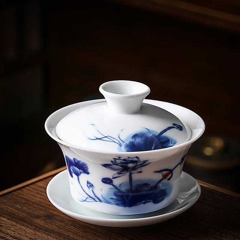 Chinese Blue And White Porcelain Gaiwan Portable Travel Tea Bowl Home Ceramic Teacup Handmade Teaware Personal Single Cup 140Ml