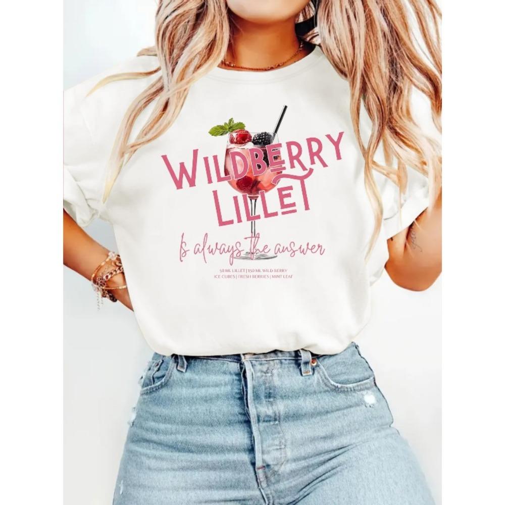 Summer Letter Drinks Cocktails Print T-Shirt Berry Cocktail Glass Graphic Women's White Casual Oversized Tee for Party