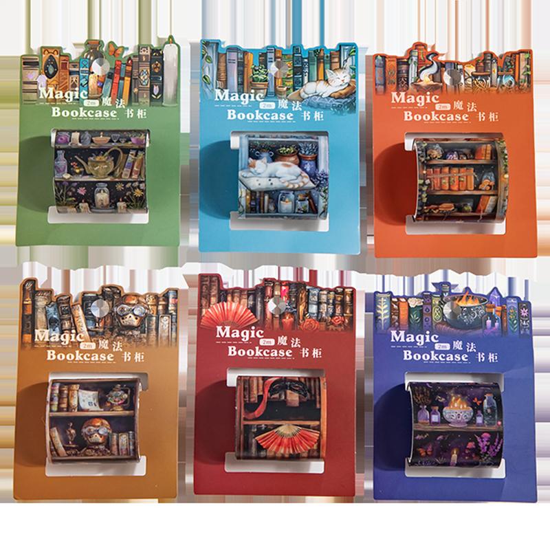 Dark Magic Bookcase Pet Tape Set With Clip, Waterproof Gothic Scrapbook Sticker Rolls