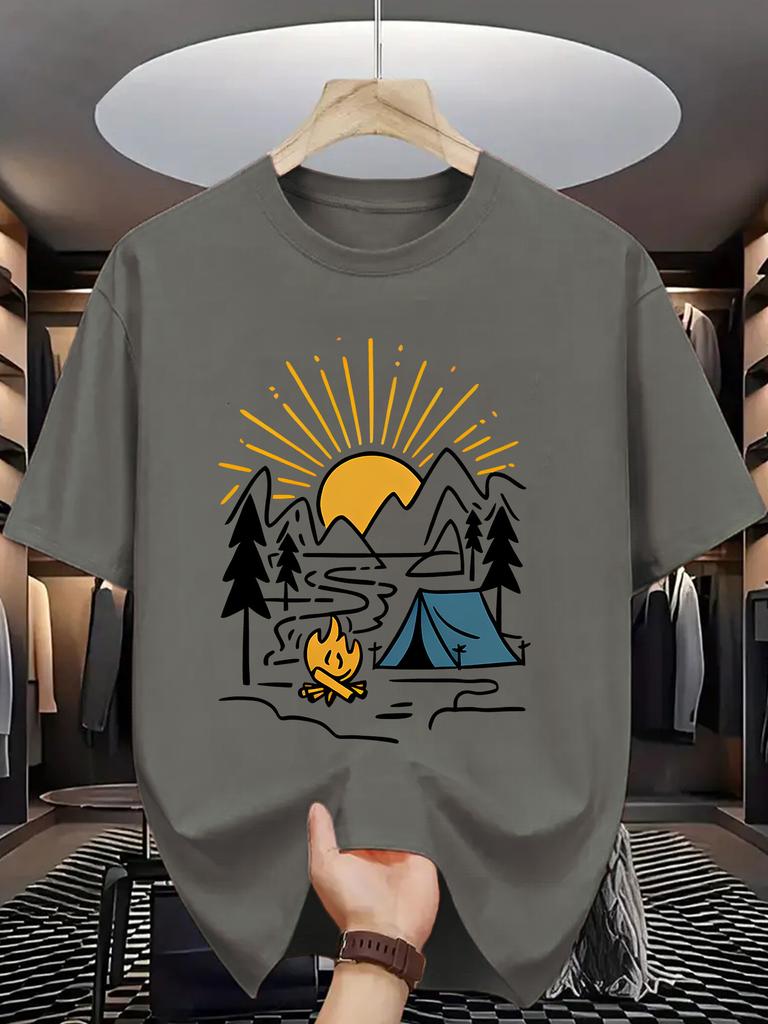 Mountain Camping Scene Unisexs Crew Neck T Shirt Tent Campfire Sun Forest Graphic Short Sleeve Tee Casual Male Street Tops