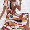 Women Summer Pleated Dress with Belt Round Neck Short Sleeve Medium Long