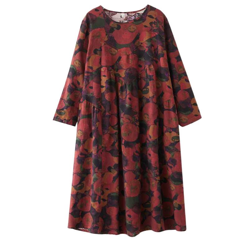 Spring and Summer New Style Retro Cotton and Hemp Round Collar Pocket Long-sleeved Dress Female Loose Thin A Line Skirt