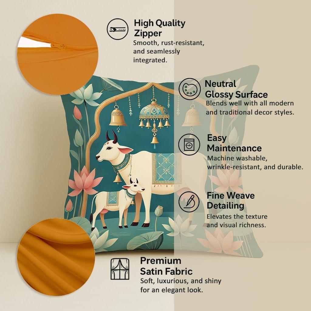 Satynowe poszewki na poduszki Zielony etniczny wzór ze sztuką krowy, lotosu i dzwonka, 16x16 cali (Pakiet 5)