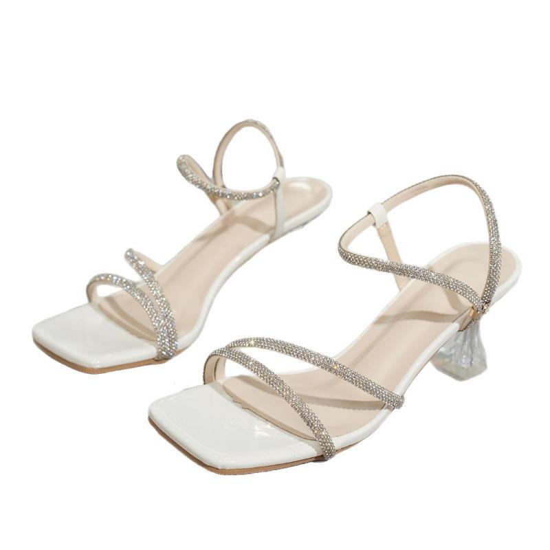 Damen Strass Blockabsatz Sandalen, Glitzernde Zehenfreie Abendschuhe