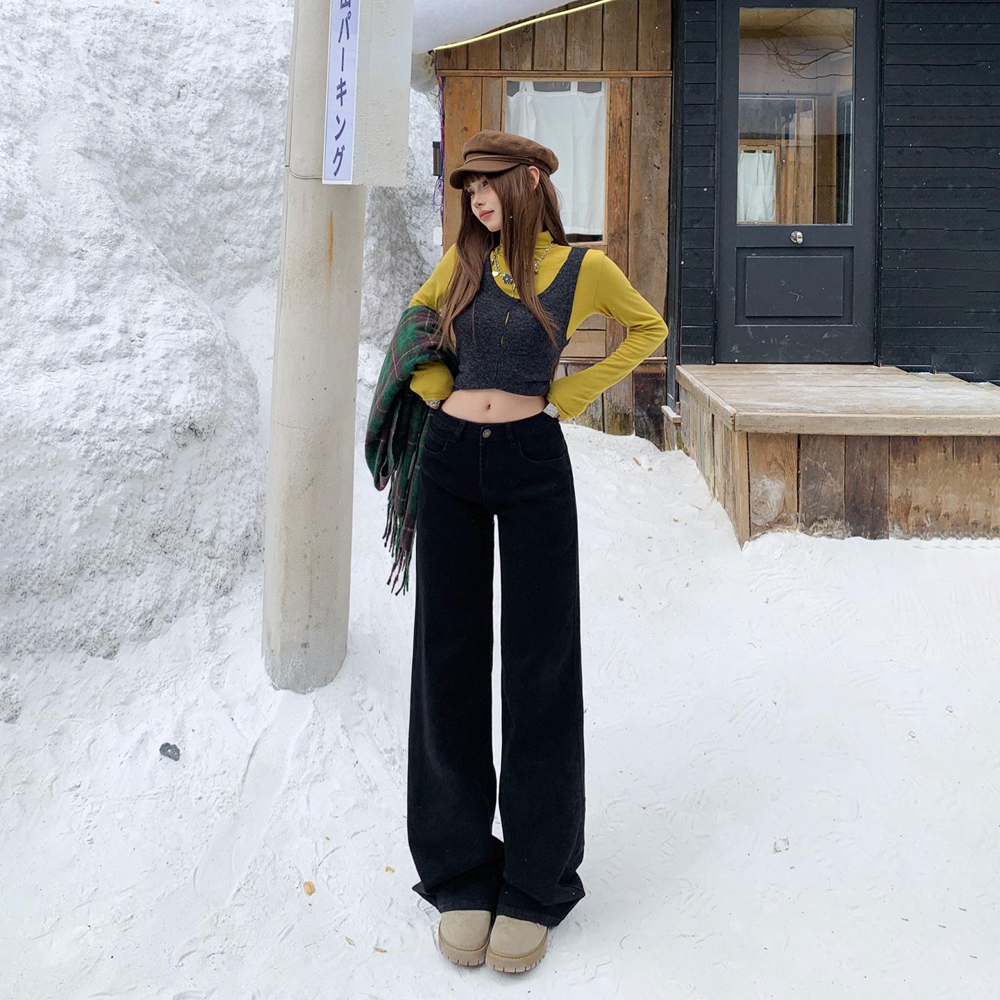Women s Spicy Black Low-Waist Elastic Jeans — Slim-Fit, Wide-Leg, Autumn/Winter 2025 XS