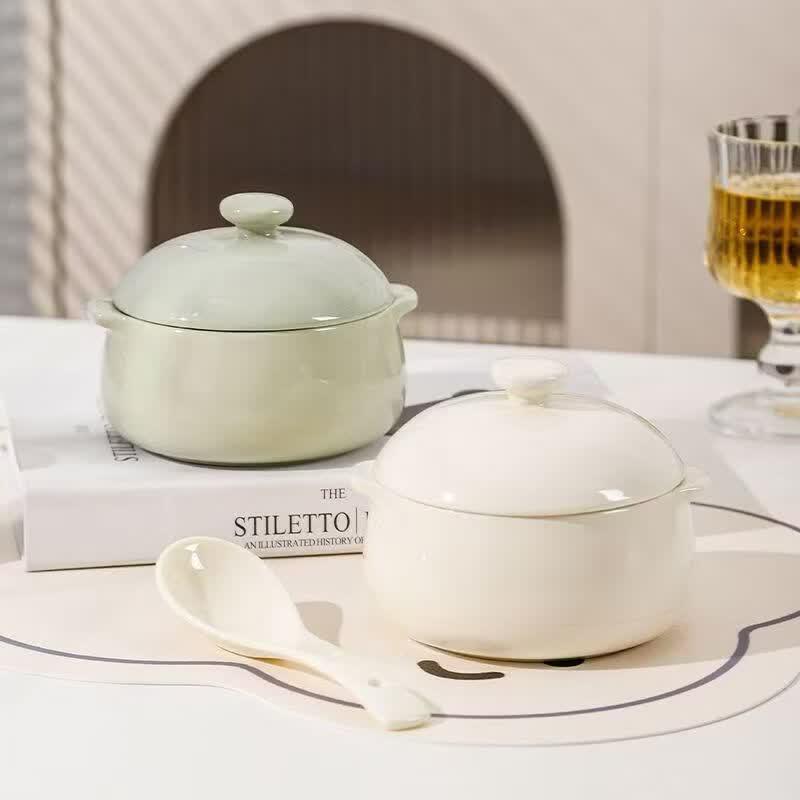 Deou Xingguang 5-Inch Ceramic Double-Ear Steaming & Stewing Bowl with Lid