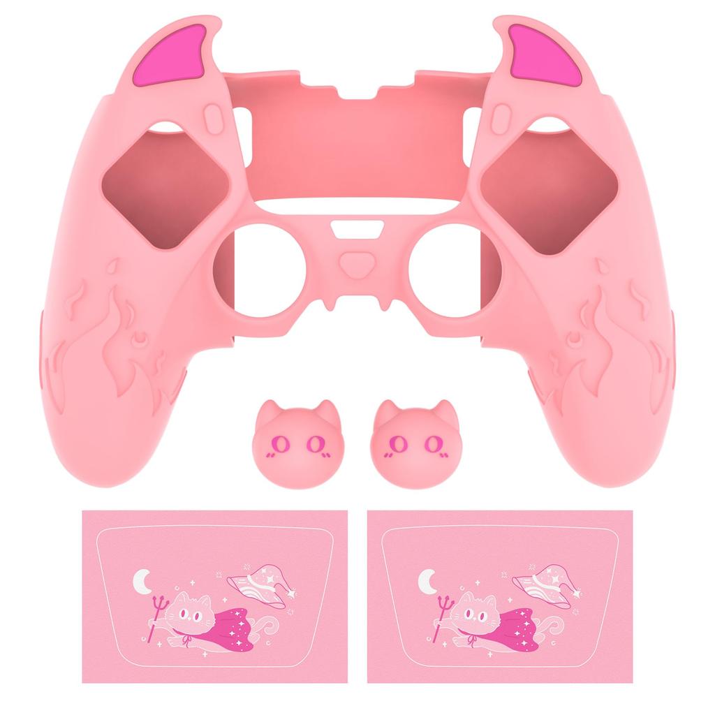 PlayVital Silicone Cover for PS5 Edge Cute Devil Protective Case for Includes Touchpad Sticker Stick Pink Controller, Design, Edge, & Cover,