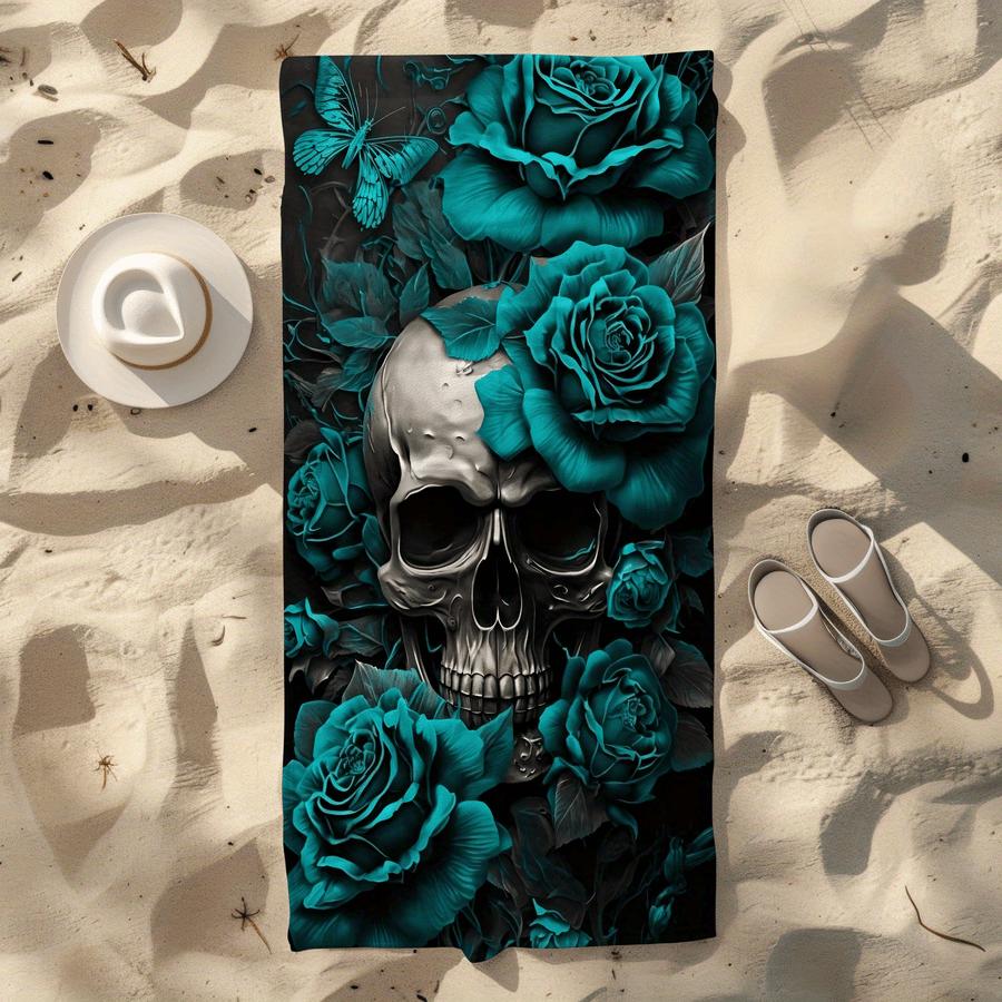 1pc of Beach Towel with a Rose Skull Design - Soft, Absorbent, And Quick-Drying - Suitable for Swimming, Camping, And Bathing