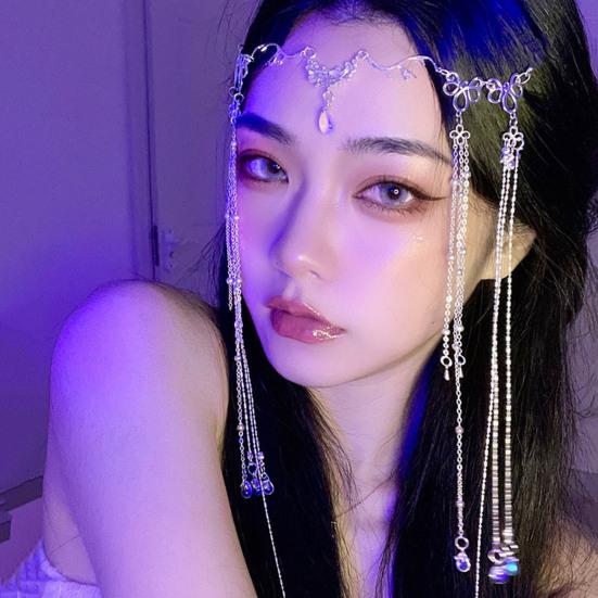 Lanț pentru frunte pentru femei Decor floral cu ciucuri lungi Recuzită de performanță Prințesă Exotică Mireasa Ornament pentru păr Păr