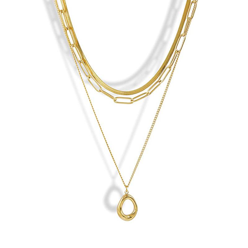 Women Layered Geometric Oval Pendant Stainless Steel Clavicle Necklace золотой