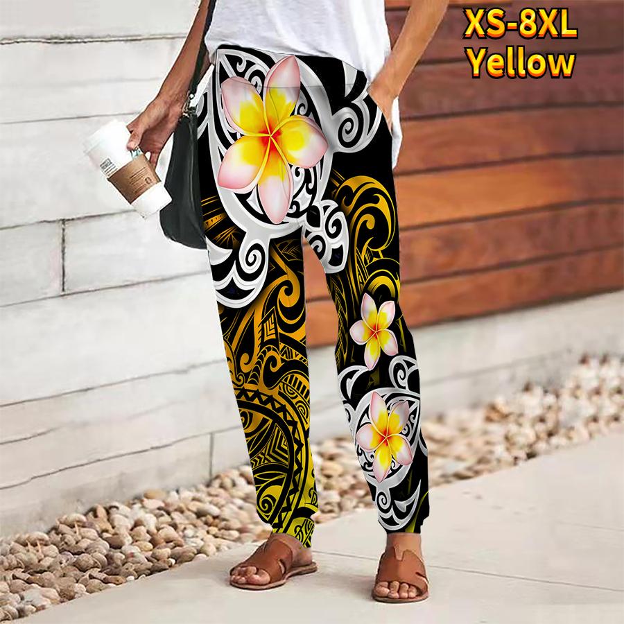 Women Flower Printing Pants Lace Up Elastic Waist Loose  Trousers Casual Long Pants Trousers with Pockets
