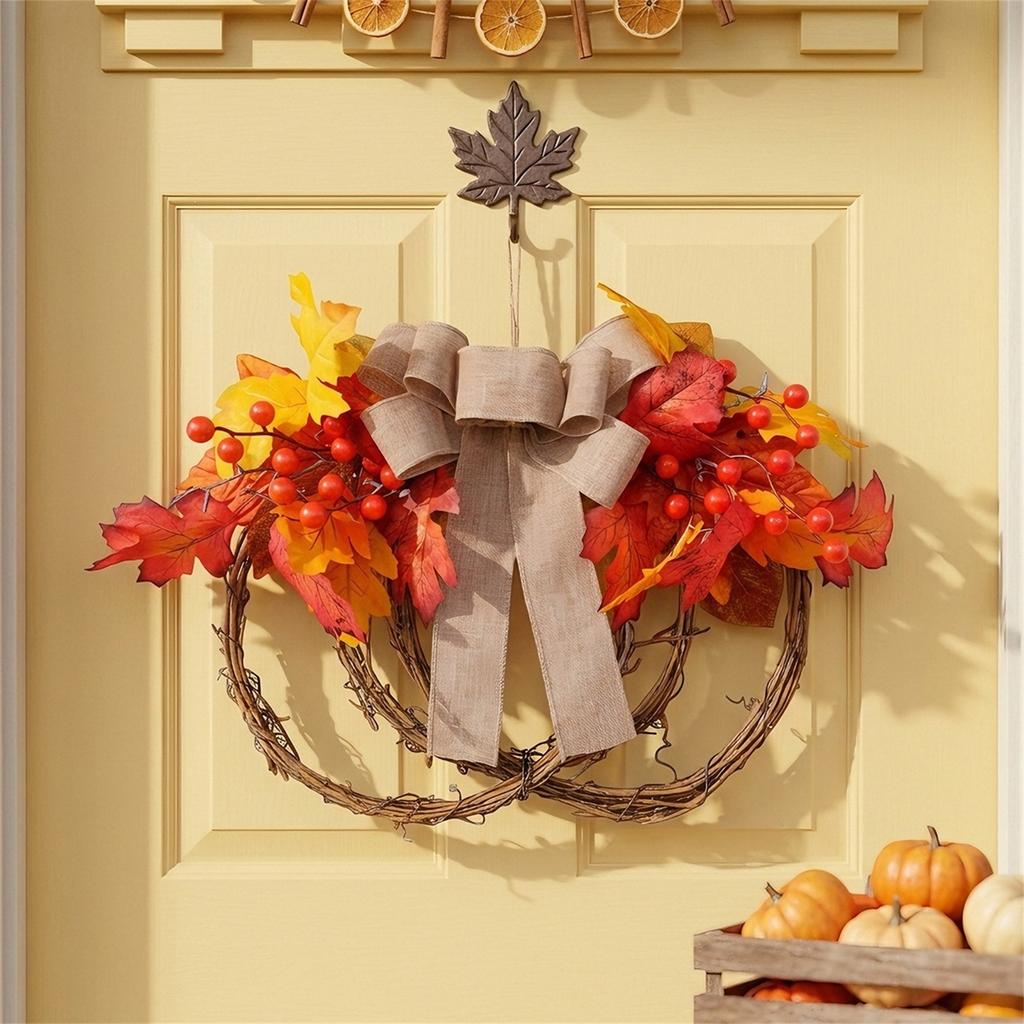 Fall Maple Leaf and Red Wreath for Thanksgiving Door Hanging and Home Decor