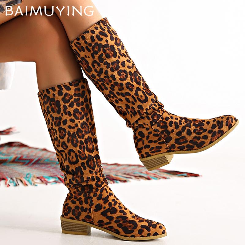 Leopard Women High Boots Pointed Toe Knee High Fashion Shoes Suede Chunky Winter Chelsea Boots 2024 Trend Designer Botas Mujer
