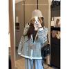 Kumikumi Idle Style Stripes Hooded Zipper Knitting Sweater Women Fall Easiest for Match Loose Slim-Fit Casual Shirt