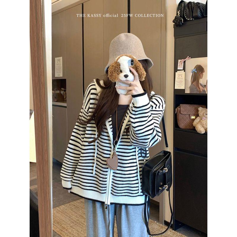 Kumikumi Idle Style Stripes Hooded Zipper Knitting Sweater Women Fall Easiest for Match Loose Slim-Fit Casual Shirt