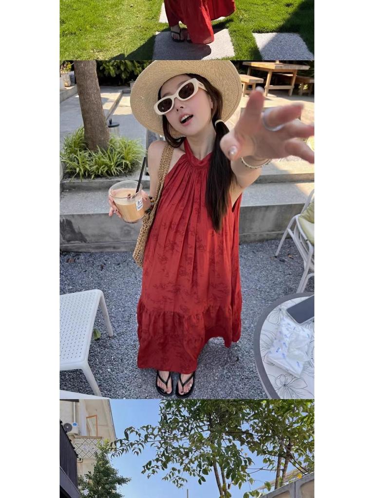 Retro Chinese Style Red Halter Neck Dress for Women - Summer Seaside Vacation Long Flare Skirt