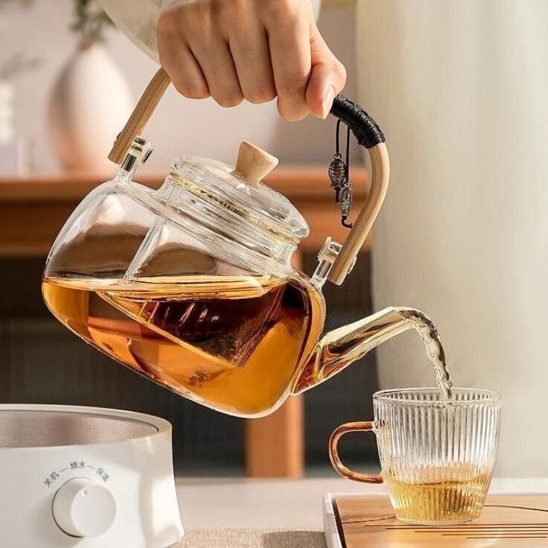 1000ml Bamboo Handle Teapot Chinese Style Glass Teapot Tea Ceremony Transparent Kungfu Tea Pot with Strainer Home Water Kettle