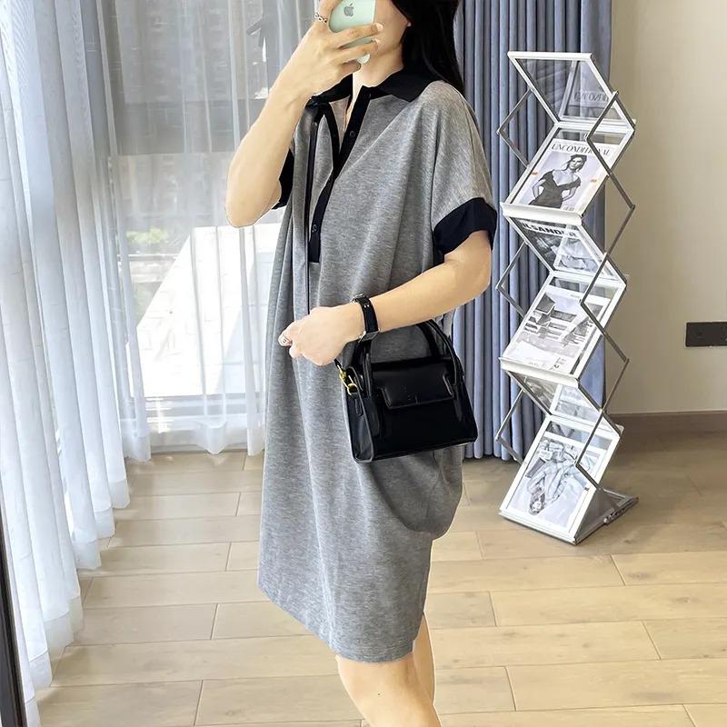 Womens Color-Block Collared Short Sleeve Casual Midi Dress L