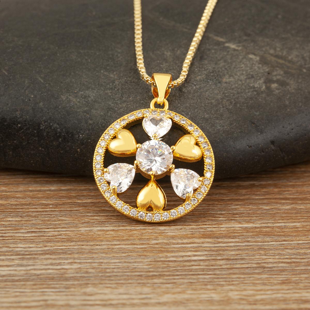

Nidin Light Luxury Trendy Water-drop/Heart Crystal Zircon Flower Pendant Necklace For Women Female Round Shape Delicate Jewelry