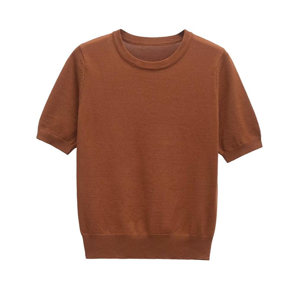 

Женский повседневный трикотажный топ с круглым вырезом и короткими рукавами, весна/лето 2025 Medium темно-коричневого