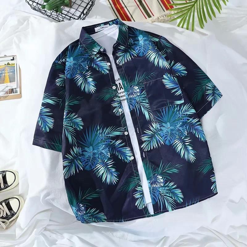 Men Tees Hawaiian Shirt Beach Print Tee Plus Size Loose Overshirt Half Sleeve Retro Clothes Casual Male Undies Button Up Top Summer