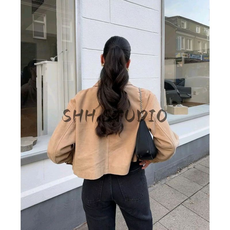 Autumn New Women Clothes Long Sleeve Lapel Simple Button Decoration Leather Crop Jacket Outerwear 4720200