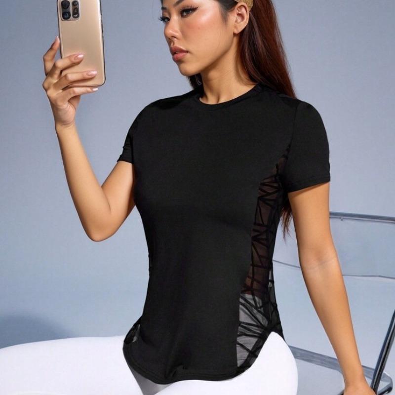 New round neck quick-drying lace splicing design fitness top outdoor sports short sleeve women